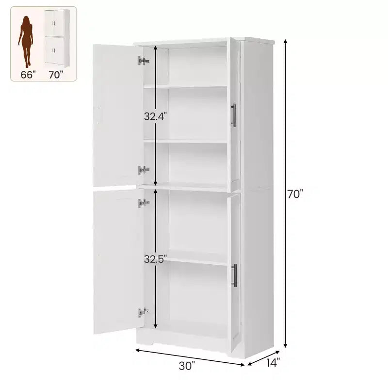 70" Freestanding Kitchen Pantry Cabinet with 4 Doors and Adjustable Shelves