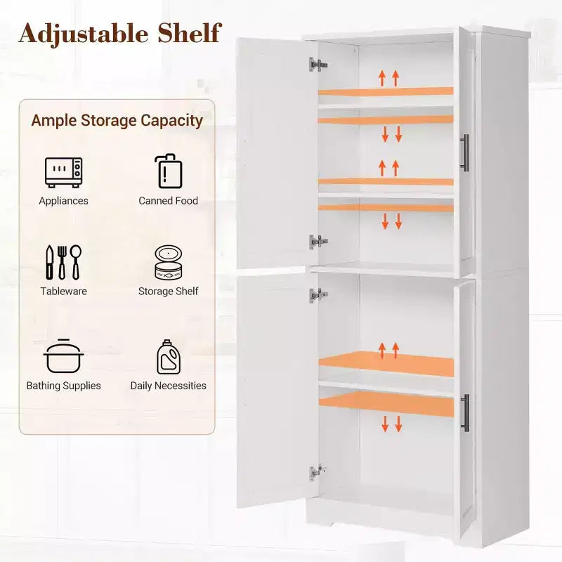 70" Freestanding Kitchen Pantry Cabinet with 4 Doors and Adjustable Shelves