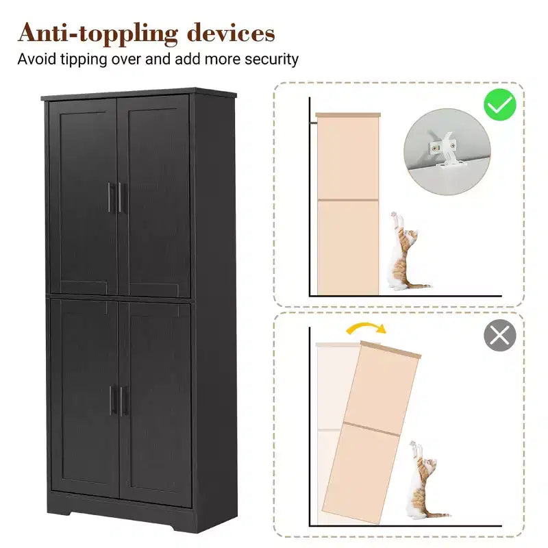 70" Freestanding Kitchen Pantry Cabinet with 4 Doors and Adjustable Shelves