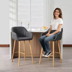 Linen Upholstery Bar Stools Set of 2 with Back, Armrest & Wood Legs