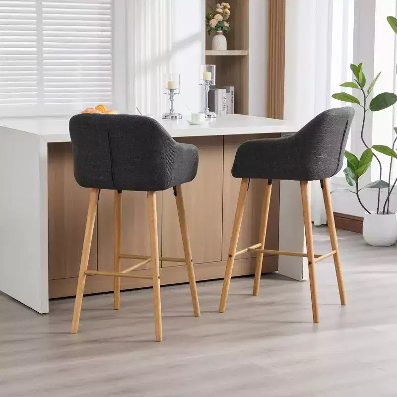 Linen Upholstery Bar Stools Set of 2 with Back, Armrest & Wood Legs