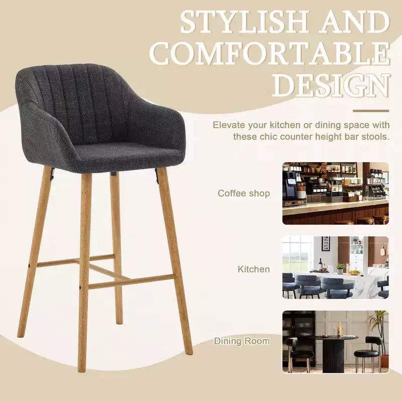 Linen Upholstery Bar Stools Set of 2 with Back, Armrest & Wood Legs