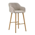 Linen Upholstery Bar Stools Set of 2 with Back, Armrest & Wood Legs