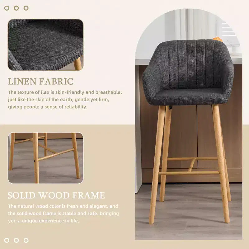 Linen Upholstery Bar Stools Set of 2 with Back, Armrest & Wood Legs