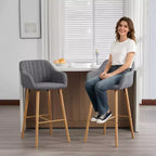Linen Upholstery Bar Stools Set of 2 with Back, Armrest & Wood Legs
