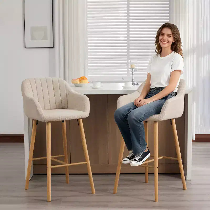 Linen Upholstery Bar Stools Set of 2 with Back, Armrest & Wood Legs