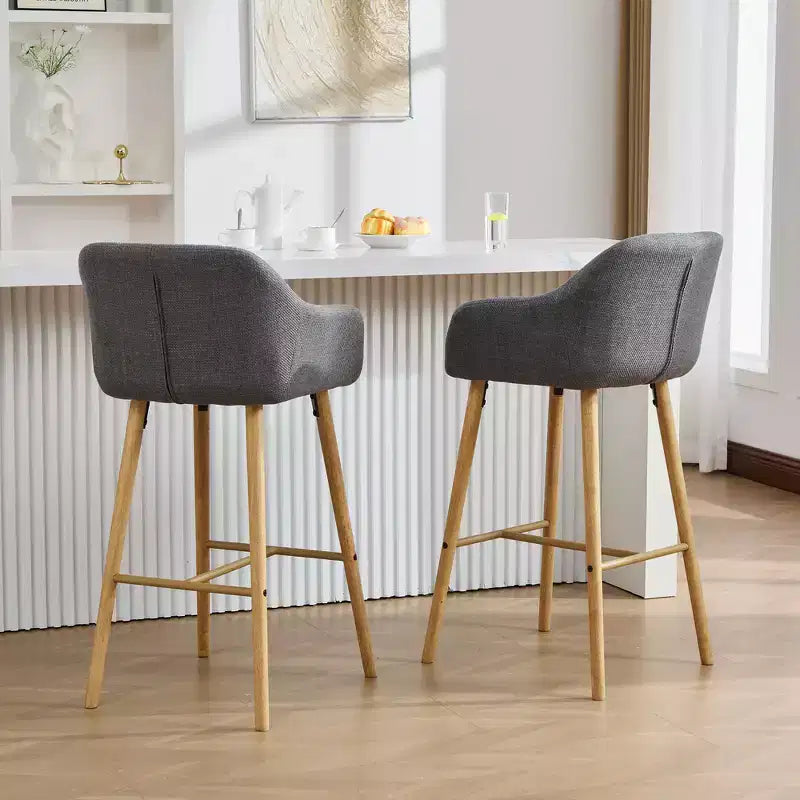 Linen Upholstery Bar Stools Set of 2 with Back, Armrest & Wood Legs