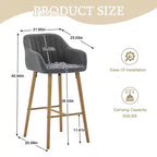 Linen Upholstery Bar Stools Set of 2 with Back, Armrest & Wood Legs