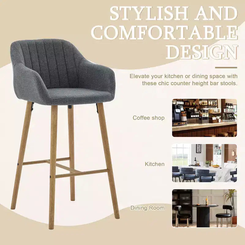Linen Upholstery Bar Stools Set of 2 with Back, Armrest & Wood Legs