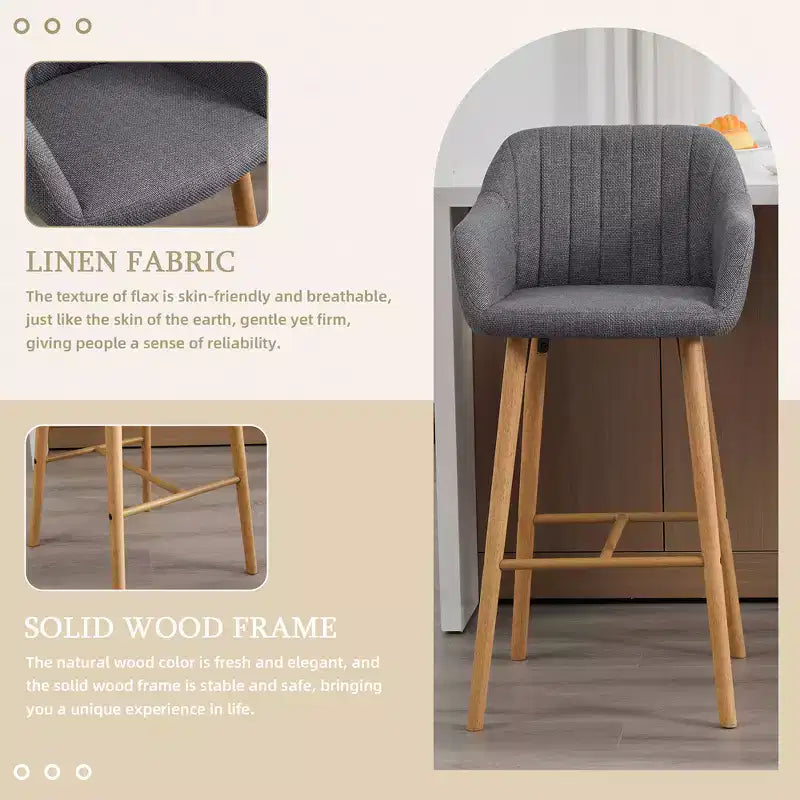 Linen Upholstery Bar Stools Set of 2 with Back, Armrest & Wood Legs
