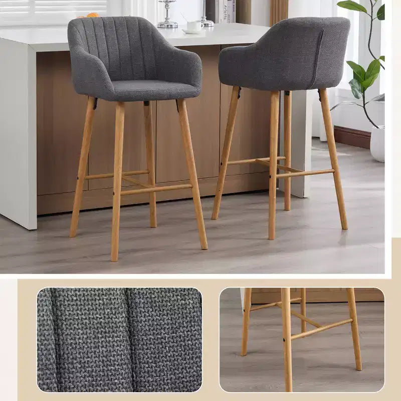 Linen Upholstery Bar Stools Set of 2 with Back, Armrest & Wood Legs