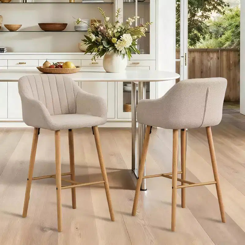 Linen Upholstery Bar Stools Set of 2 with Back, Armrest & Wood Legs
