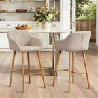 Linen Upholstery Bar Stools Set of 2 with Back, Armrest & Wood Legs