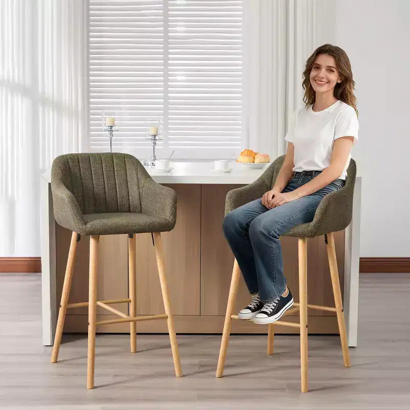 Linen Upholstery Bar Stools Set of 2 with Back, Armrest & Wood Legs