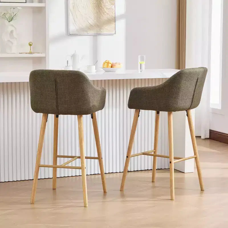 Linen Upholstery Bar Stools Set of 2 with Back, Armrest & Wood Legs