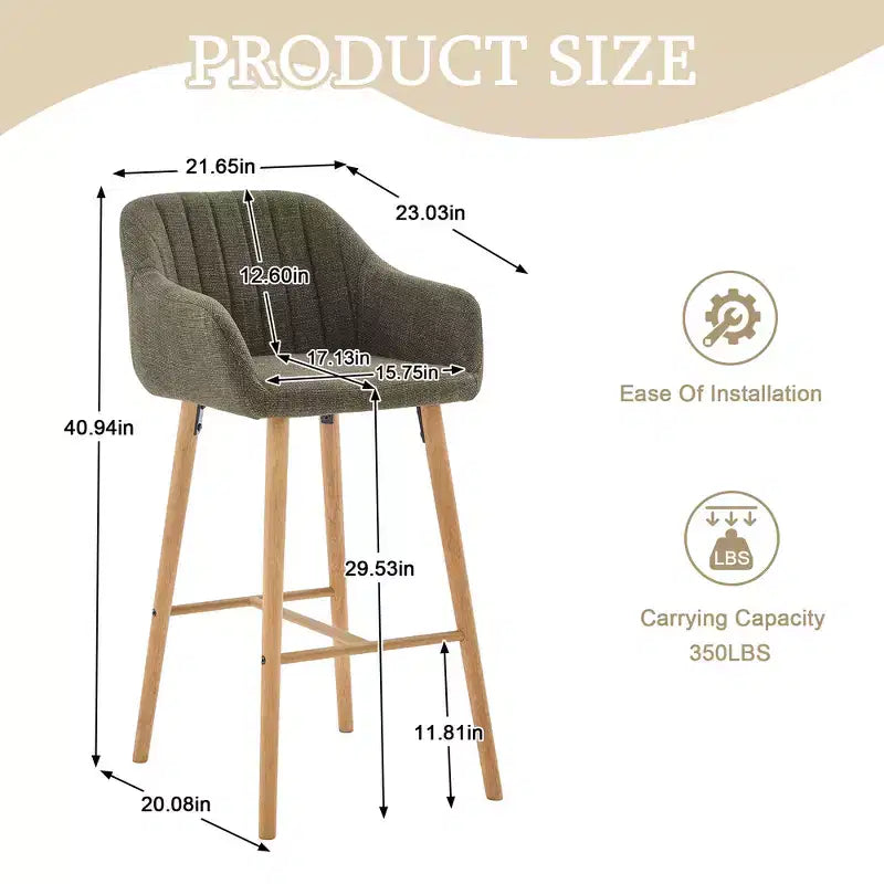 Linen Upholstery Bar Stools Set of 2 with Back, Armrest & Wood Legs