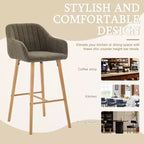 Linen Upholstery Bar Stools Set of 2 with Back, Armrest & Wood Legs
