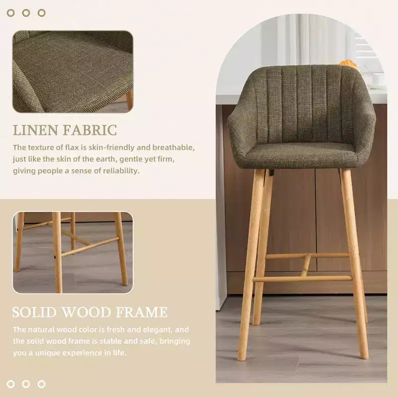 Linen Upholstery Bar Stools Set of 2 with Back, Armrest & Wood Legs