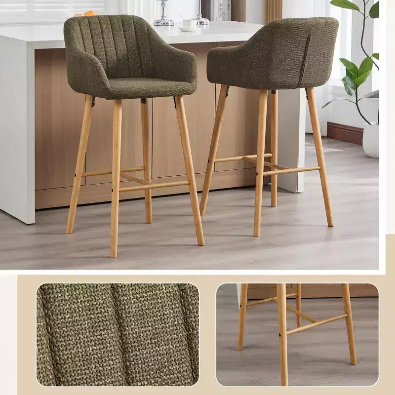Linen Upholstery Bar Stools Set of 2 with Back, Armrest & Wood Legs