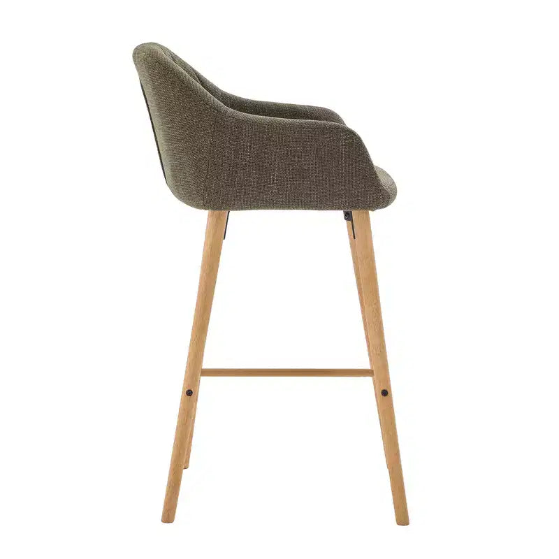 Linen Upholstery Bar Stools Set of 2 with Back, Armrest & Wood Legs