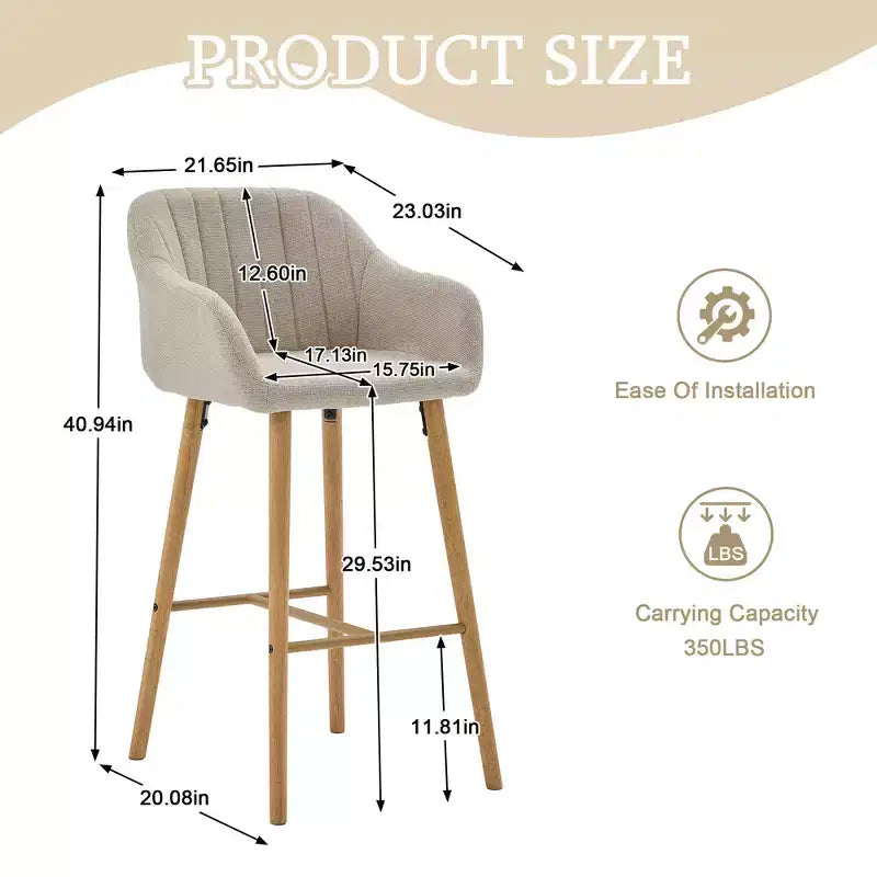 Linen Upholstery Bar Stools Set of 2 with Back, Armrest & Wood Legs