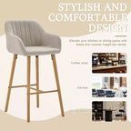 Linen Upholstery Bar Stools Set of 2 with Back, Armrest & Wood Legs