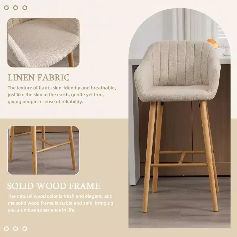 Linen Upholstery Bar Stools Set of 2 with Back, Armrest & Wood Legs