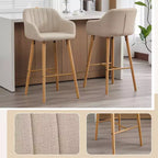 Linen Upholstery Bar Stools Set of 2 with Back, Armrest & Wood Legs