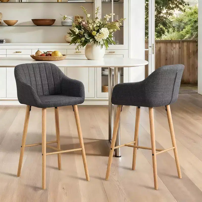 Linen Upholstery Bar Stools Set of 2 with Back, Armrest & Wood Legs