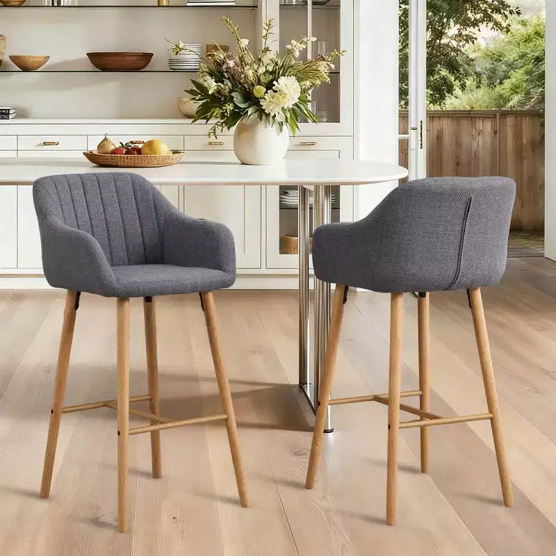 Linen Upholstery Bar Stools Set of 2 with Back, Armrest & Wood Legs