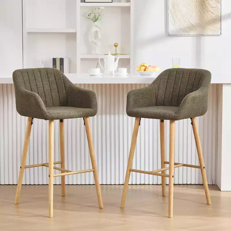 Linen Upholstery Bar Stools Set of 2 with Back, Armrest & Wood Legs