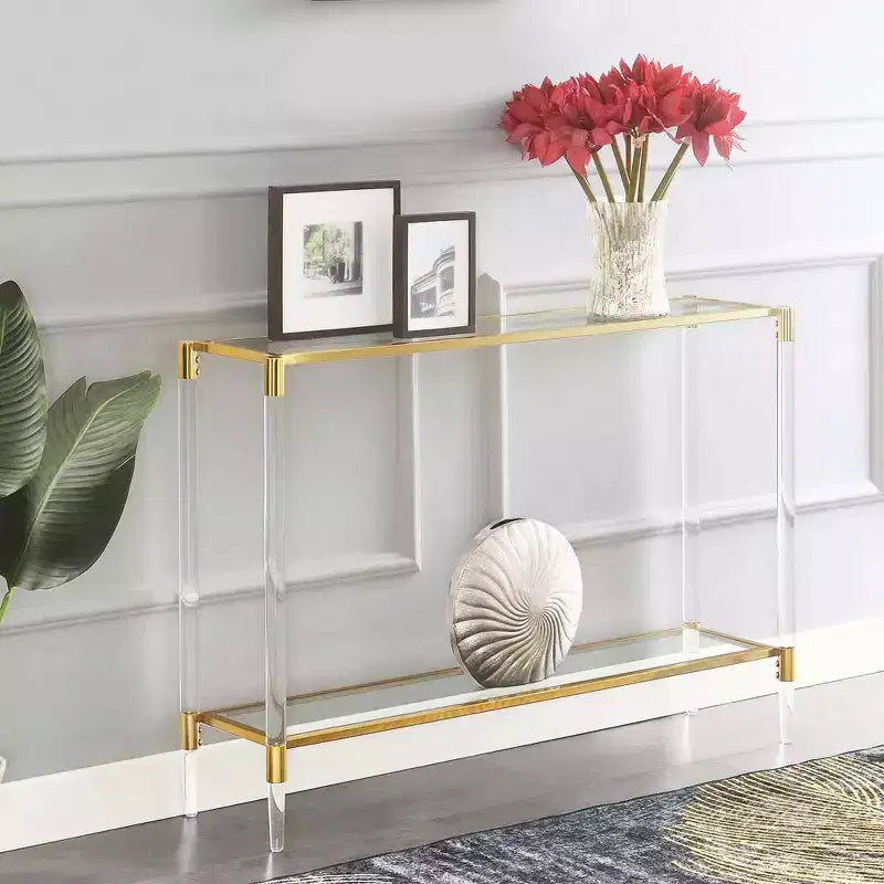 2-Tier Acrylic Glass Console Table with Gold Chrome Frame